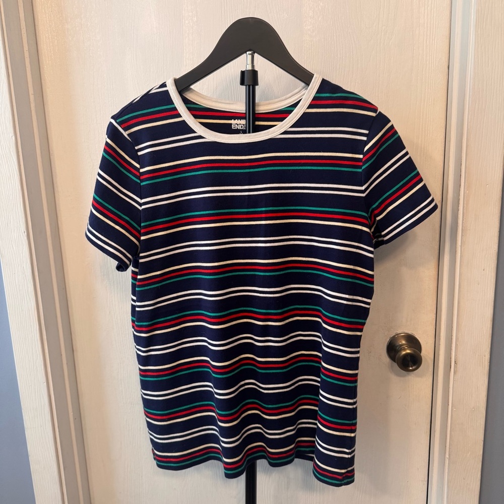 Lands’ End Women’s Large Striped Tee Navy Red Green Short Sleeve Top